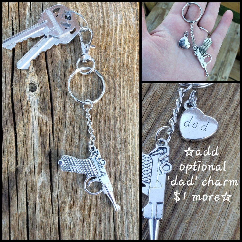 Gun keychain Military Keychain Pistol Revolver Pursecharm OPTIONAL 'dad' charm
